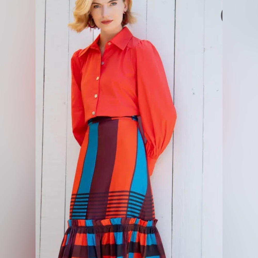 Eva Franco Women's Flounced Midi Skirt - Orange, Brown and Blue